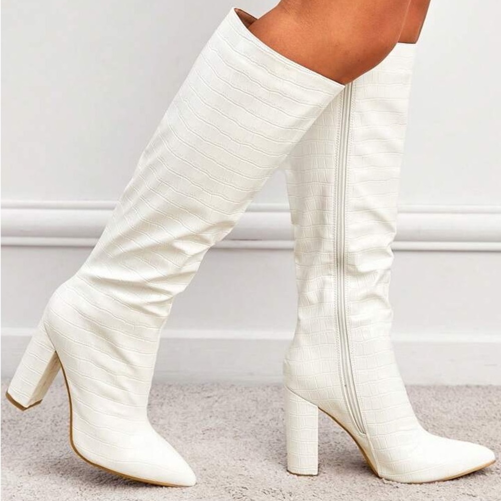 White croc embossed knee high boots with zippers